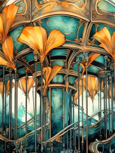 panel of amberwood, clipart, frontal, carousel, papers displayed like a fan, soft, flowing lines, elegant, Art nouveau, teal and amber color scheme, Alcohol ink watercolor, no background