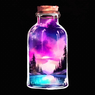 astonishing pink aurora Inside the bottle, bright night sky, 1 cork, watercolor clipart, realistic, detailed, high resolution, vibrant, white background, 8k,