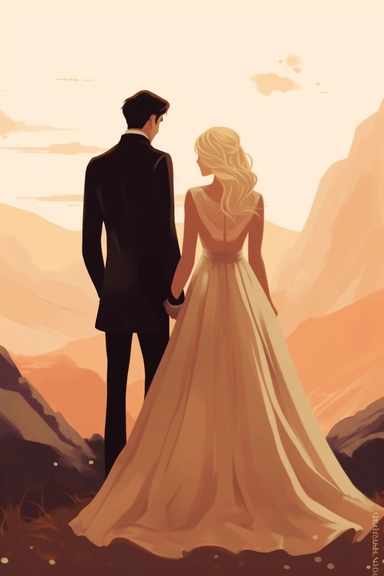 cute cartoon wedding blonde bride and groom in tuxedo looking at a mountain, back to the viewer, vector, clipart, mountain background, in the style of elegant realism, muted and subtle tones, detailed painting, transparency and lightness, light orange and dark bronze