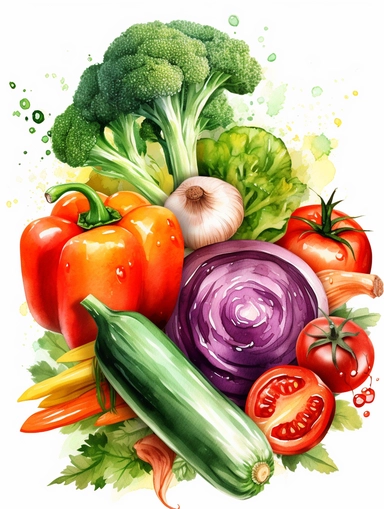 vibrant vegetable bouquet with broccoli, carrots,tomatoes, onions, watercolor hand-painted, lots of color with really soft blends and bleeding from one color to the next with a transparent finish, clipart on white background