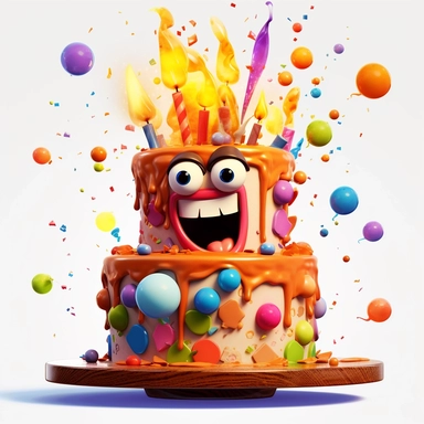 clipart of a messy two layer birthday cake, there is a funny face in the cake, candles, cartoon, for kids, funny, pixar, 8k, white background, sharp focus, detailed,