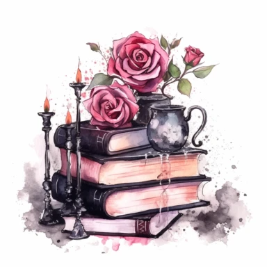 Gothic style books with watercolor effect, suitable for digital clipart, white background, gothic pink scene, gothic colors, gothic tools, gothic roses, dark scene, twinkles
