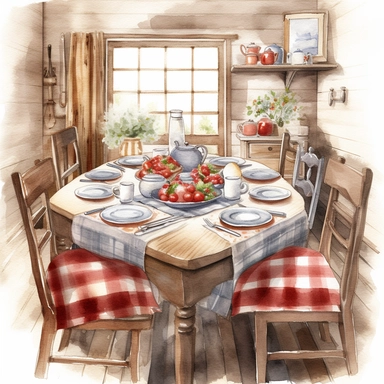 watercolor, hyper realistic, white background, white margins, 16k, ultra detailed clipart, cut out image, hand-drawn, whimsical a cozy dining room with a farmhouse-style table and chairs, decorated with a plaid tablecloth and vintage crockery.