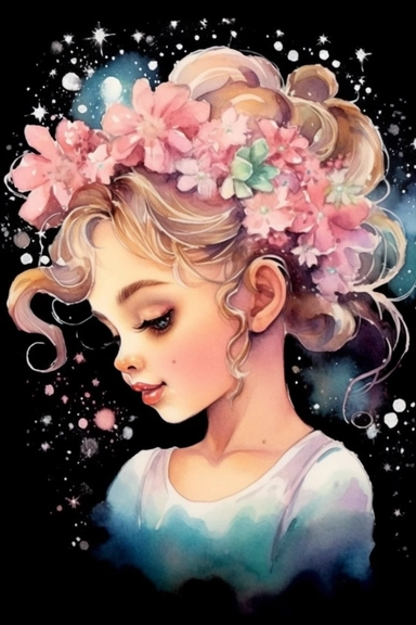 a cute cartoon pretty young Girl with a high white and pink ligth colored bun and roses sparkling around her profile, long curly hair with mini flowers in head, portrait, daydreaming expression in watercolor form, sarah kay and holly hobbies, clipart, watercolor, smiling, on a blackbackground, daydreaming expression in watercolor form