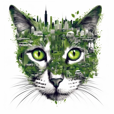 cat, collage quirky cool collage city, Felis catus clipart, Green eyes, white contour, detailed, clean line, hd, on white background, spaced out