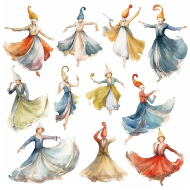 Watercolor Turkish fMevlana museum ., illustrations clipart set, simple, , cartoon elements, different variants , swirling dervishes, different poses , separate elements with a margin