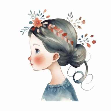 cute Scandinavian whimsical girl profile, pencil and watercolor clipart style, super high quality, high resolution, pastel colors, isolated white background, 8k
