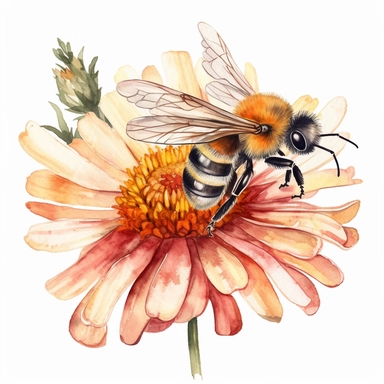 realistic honey bee on a flower, watercolor clipart, high quality clipart, no background