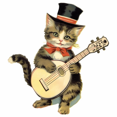 Vintage 1920 Kitten Looking Happy Wearing a Tophat and Playing a Banjo Illustration, Chromolithograph, 1920s Illustration, Vintage, Chromolithograph, Colorful, Antique, Ephemera, Clipart, 8k, Isolated on white