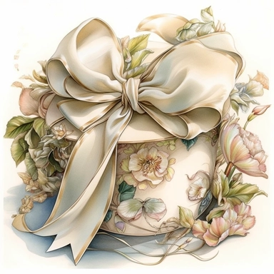 insanely beautiful wrapped gift , in the style of beatrice potter and jody Bergsma, silk bow,32k uhd, hand-painted details, pastoral illustrations, amazing colour combinations , aquarellist, hd , white background clipart ,-- no watermark--ar 27:37