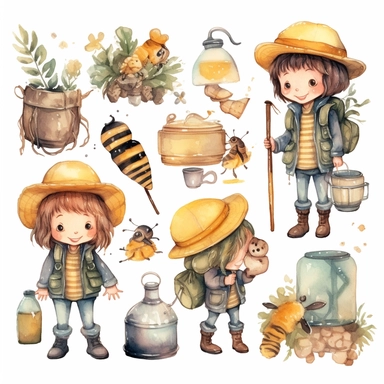 Watercolor boho beekeeping, illustrations clipart set, simple, soft colors, cartoon elements, different variants, cute little boy and girl beekeeping, separate elements with a margin