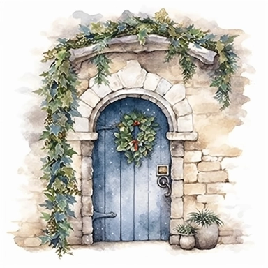 detailed watercolor clipart, photography style, beautiful christmas magic, stone wall, magical Christmas door, holly, ivy, HDR, winter snow, self shadow, white background