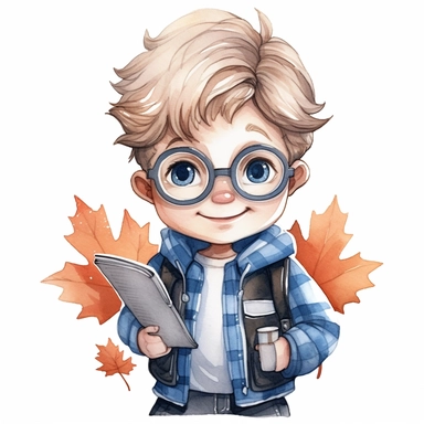 a happy little cute boy in a five-year-old, white short, blue jacket, book, glasses, maple leaf, style by Lusy Fleming, folk art, watercolor, clipart elements, smooth gradients, black contour outline, ultra detailed, white background, super clear, high quality