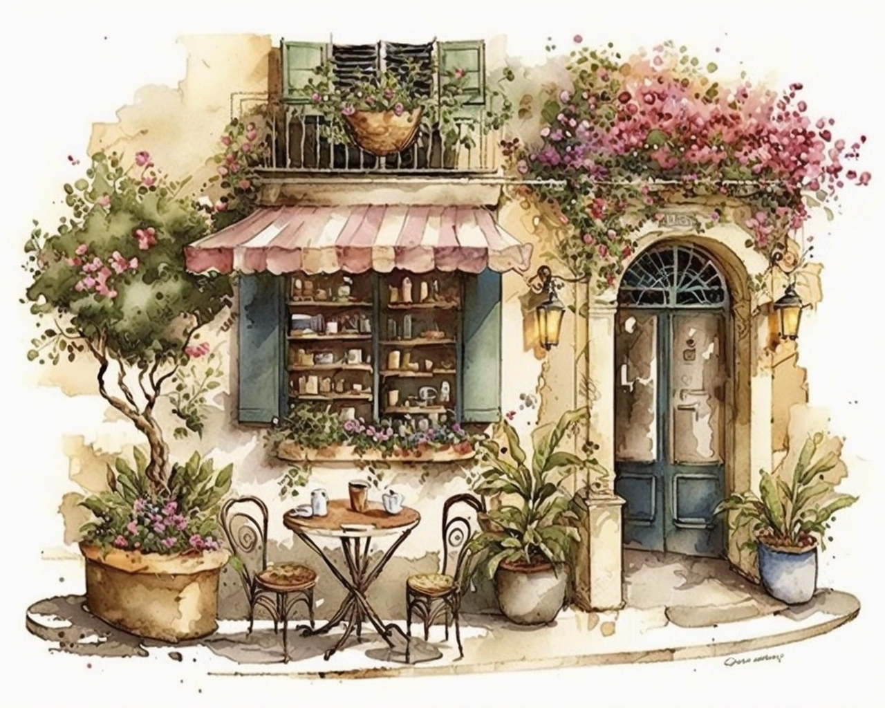 Clipart, Watercolor painting, coffee shop, As the gentle breeze carries ...