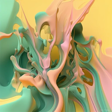 Surrealist airbrush-style clipart image composed of flowing, organic shapes, each taking on one of the provided colors: deep sea green (#1d3537), soft coral pink (#e87c77), and vivid honey yellow (#f6c400). The shapes should interplay and merge in a dream-like manner, creating a sense of fluid movement and harmony within the image. The entire artwork is set against a crisp white background, providing stark contrast that accentuates the colors and shapes. The result should have the distinct softn