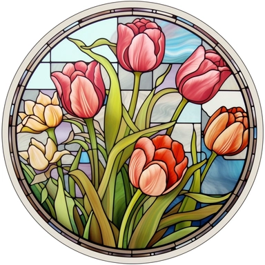 clipart realistic round stained glass window with floral tulips theme, crisp lines, white background