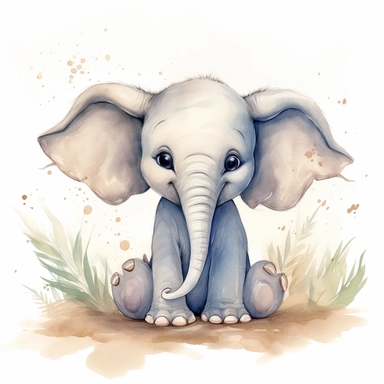 a watercolor painting of very cute and sweet baby elephant holds trunk up big ears, clipart with a some grasses sand and stone on the floor style of pixar