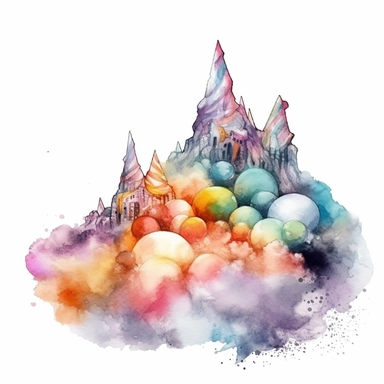 Fairytale style beautifull candy mountains in the candyland with watercolor effect,candyland scene,candies,fantasy style,realistic features,vibrant colors,suitable for digital clipart,white background