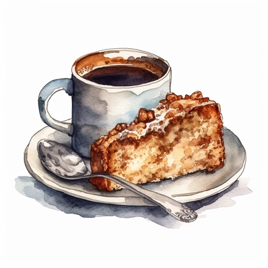 a cup of coffee with a slice of coffee cake,clean image, clipart on white background, watercolor