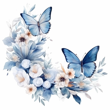 frosty white butterfly clipart with flower border, white background, watercolor, vector