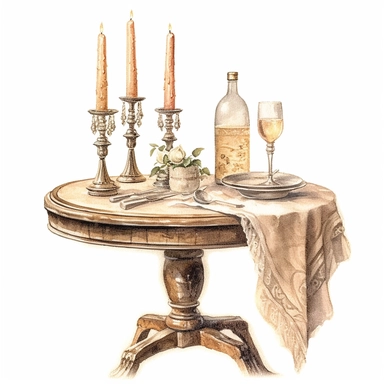 vintage Victorian romantic table with one champagne bottle and two cristal glass and candles, full body, pastel beige colors, clipart style, accurate details, oil painting technique, super high quality, professional watercolor clipart, high resolution, isolated white background