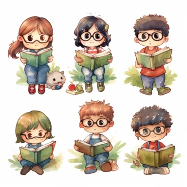 Many different nationality Cute little children reading a book, folk art, watercolor, clipart elements, kawaii, white background
