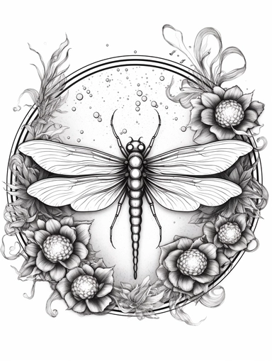 Coloring pages, linework, clip art, white background. In a circle, dragonflyplaying in a circle with clous and bubbles.