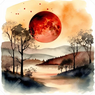 clipart style, watercolor scene of A captivating image showcasing the Lunar Eclipse in its final stages, with the moon emerging from Earth's shadow. The gradual illumination of the moon creates a sense of anticipation and wonder, while silhouettes of rolling hills or a serene lakeside add a touch of serenity to the scene, HD, on white background