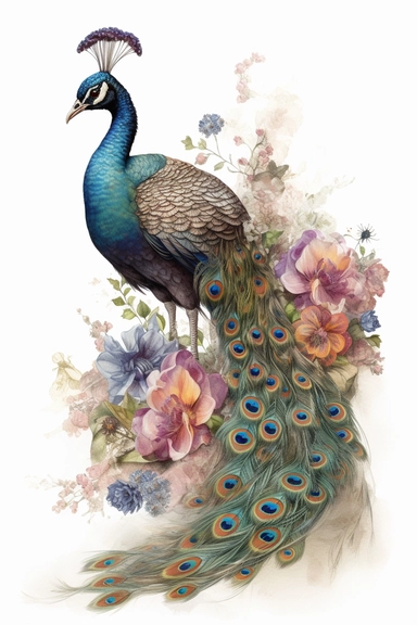 a peacock displaing in the style of James Christensen, summer flowers ,clipart, watercolor style, fantasy, ultra detailed, white plain background, single object, print on demand image, PNG transparent background, white background for removing background, 8k