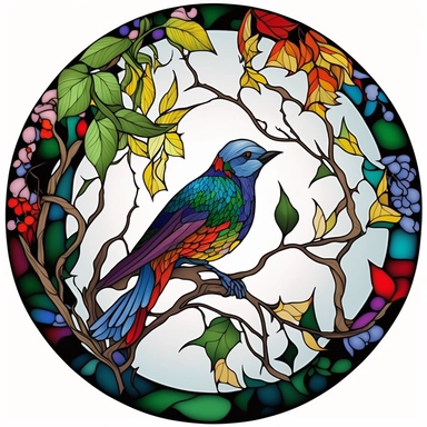 Exotic Bird Colorful Stained Glass Circle Clipart, white background,