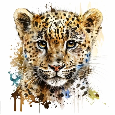 Little cute leopard, happy face, happy look, shining beautiful big eyes, bright high contrast coloring, white background, watercolor, hyperrealism, high detail, isolated elements, set, clipart