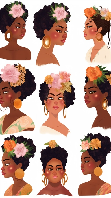 animated clipart bundle african american mother concepts, clipart bundle with beautiful flowers, beautiful faces, beautiful eyes and differential body types and skin tones, harlem Renaissance, Mother's Day White background