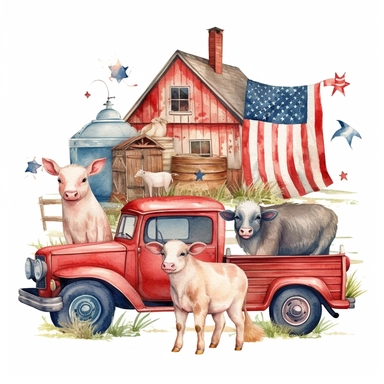 Cute Americana surrounded by farmers patriotic cute things, Include old retro Truck with flag , cow flag colored, rooster Americana colors , donkey with Americana head, pig, flags on a rope, barn Americana collor. American flag details painted on all subjects, boho stile watercolor clipart