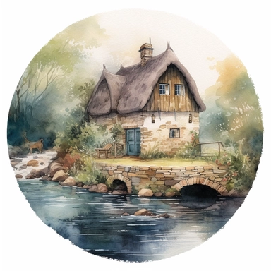 watercolor clipart artwork showcasing the beauty of an ancient medieval cottage surrounded by nature's tranquility. The cottage, situated alongside a calm and meandering river, features a charming waterwheel that turns gracefully, adding a touch of whimsy to the scene. The artist's meticulous attention to detail brings the rustic cottage to life, with textured stone walls, a thatched roof, and vibrant vegetation. Against a pure white background, the watercolor medium creates a soft and dreamy at