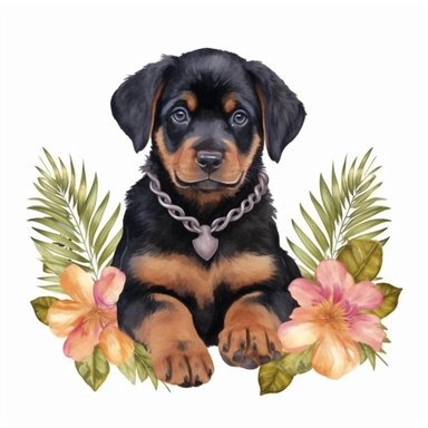 Baby Rottweiler puppy with flowers, clipart, watercolor style, white background