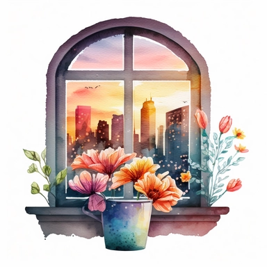 one Watercolor BIG Window WITH Chicago SUNRISE VIEW and cute little flowers clipart