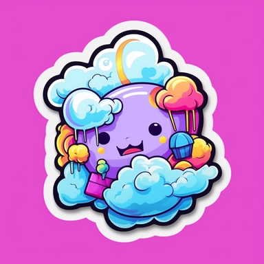 A sticker, artwork of t-shirt graphic celebrating a a cute cartoon, purple, pink, and blue cartoon, cloud on the sky, in the style of master of the spray paint, queencore, marble, aurorapunk, heavy outlines, plush doll art, fragmented icons, highly detailed clean, vector image, photorealistic masterpiece, professional photography, realistic, flat white background, isometric, vibrant vector, clipart, illustration, realism, 4k, cinematic, front view, white background