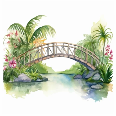 Illustrate a watercolor jungle bridge clipart spanning across a ravine or river, with lush tropical foliage and vibrant flowers on a white background. This picturesque design can be incorporated into various clipart compositions or used as a standalone decoration for adventure or journey-themed projects.