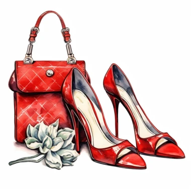 watercolor clipart of vintage red two high-heeled shoes and a small handbag, floral, color pencil drawing, nice composition, vector, outline, isolated white background, 16k