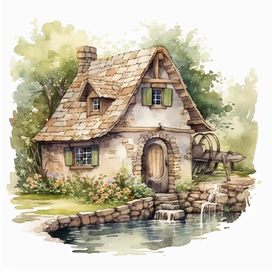 watercolor clipart artwork showcasing the beauty of an ancient medieval cottage surrounded by nature's tranquility. The cottage, situated alongside a calm and meandering river, features a charming waterwheel that turns gracefully, adding a touch of whimsy to the scene. The artist's meticulous attention to detail brings the rustic cottage to life, with textured stone walls, a thatched roof, and vibrant vegetation. Against a pure white background, the watercolor medium creates a soft and dreamy at