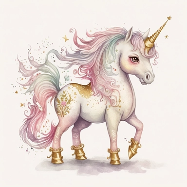 fantasy baby unicorn, clipart watercolor illustration, aquarallist, cute, big eyes, pretty pink, unicorncore, fairycore, free brushwork, watercolor, light and bright, four legs, gold horn, sparkle, skarklecore, detailed, isolated on a white background,