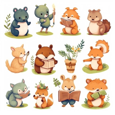 Create a set of clipart featuring cute animals engaged in various activities like reading a book, playing with a ball, gardening, or cooking. These versatile and adorable animal illustrations can be used in various educational materials, children's books, or crafting projects.