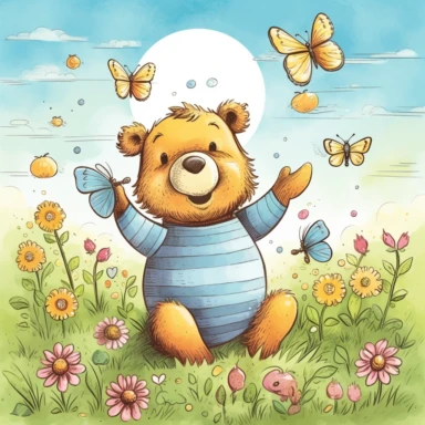 In the style of a children's book illustration, create a clipart image of a happy bear sitting in a field of flowers, holding a honey pot in one hand and waving with the other. The sun is shining in a clear blue sky, and there are butterflies fluttering around the bear. The bear should be cute and friendly, with a big smile on its face. The flowers should be colorful and varied, with some daisies, sunflowers, and maybe a few wildflowers. The overall feel should be cheerful and whimsical, like so