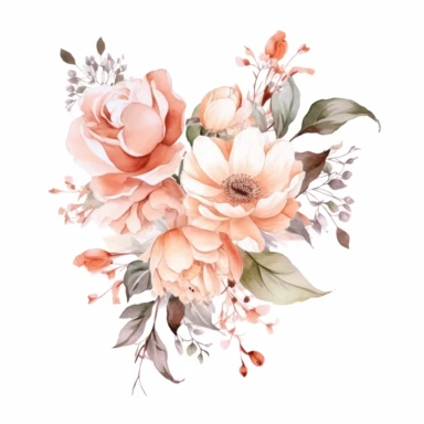 watercolor Blooming Blush floral line for decoration, style of Pierre-joseph redoute, png, clipart, hd, contour white outline, isolated on white background