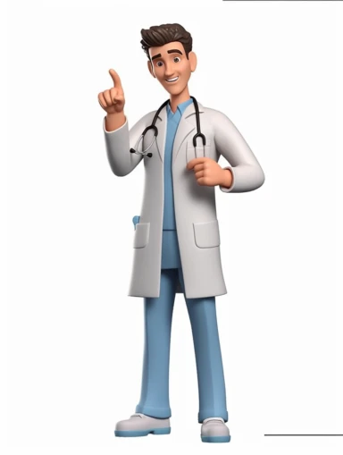 medical cartoon character pointing, doctor png clipart, in the style of uncanny valley realism, embossed paper, realist figure painting, texture-based