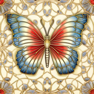 Seamless pattern, butterfly clipart, multi color with metallic gold overlays, Pixar style, vintage ivory background — tile