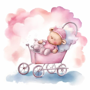 clipart, a whimsical illustration of a contented, loving and angelic baby teddy bear, wearing pajamas and pajamas hat, sleeping on a baby cart, surrendered by pink fluffy clouds, Use a smooth and light watercolor technique to give the artwork a dreamy and ethereal quality