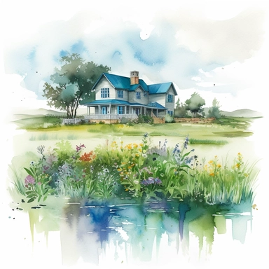 Visualize a clipart-style watercolor illustration of a detailed farmhouse surrounded by wildflowers on a summer day, set against a clean white background. Render the ranch-style farmhouse, painted with vivid blues and bright greens against a clean white background. The farmhouse nestled beside a shimmering pond. Paint the farmhouse in soothing blues and greens to mirror the tranquil waterside setting.The composition should place the farmhouse centrally, emphasizing its intricate details and summ