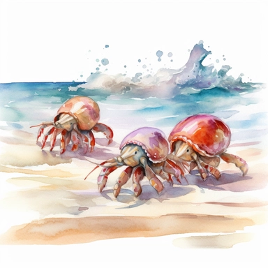 hermit crabs running across the beach clipart, vibrant, hyperrealistic, watercolor style, white background