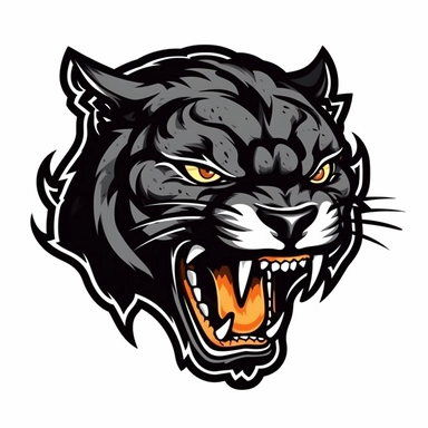 angry panther with open mouth and big flames, logo, clipart style, simplified, black and white